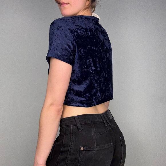 Blue velvety button up vintage short sleeve cardigan festive top - Picture 4 of 7